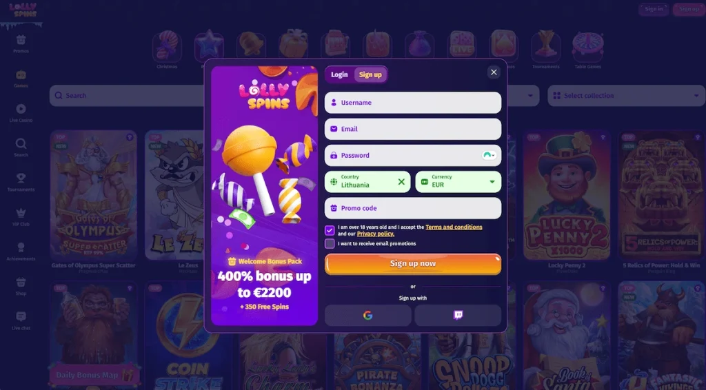 Lolly Spins Casino registracija